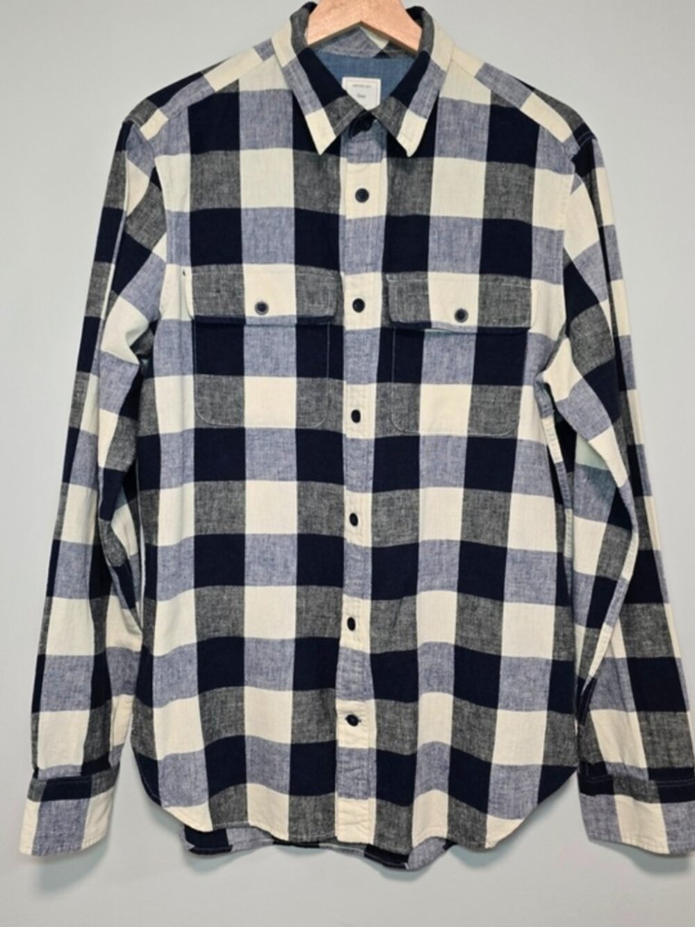 Men's plaid Button Down Shirt cotton Linen Blend Navy and Cream Size M Fall